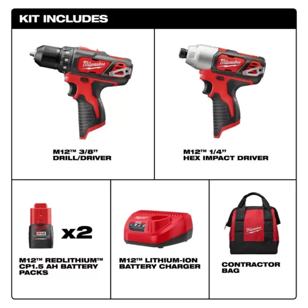 Milwaukee M12 12-Volt Lithium-Ion Cordless Drill Driver/Impact Driver Combo Kit (2-Tool) w/(2) 1.5Ah Batteries, Charger, Tool Bag