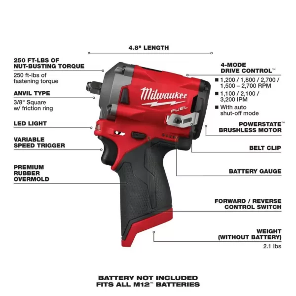 Milwaukee M12 FUEL 12-Volt Lithium-Ion Brushless Cordless 3/8 in. Impact Wrench and 3/8 in. Ratchets Combo Kit (Tool-Only Kit)