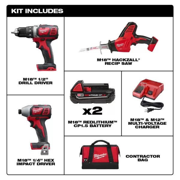 Milwaukee M18 18-Volt Lithium-Ion Cordless Drill Driver/Impact Driver and HACKZALL Combo Kit (3-Tool) with Two 1.5 Ah Batteries