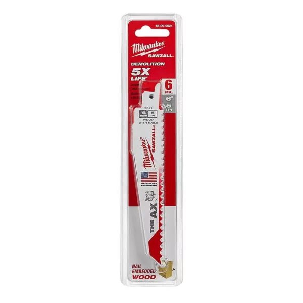 Milwaukee 6 in. 5 Teeth per in. AX Nail Embedded Wood Cutting SAWZALL Reciprocating Saw Blades (6 Pack)