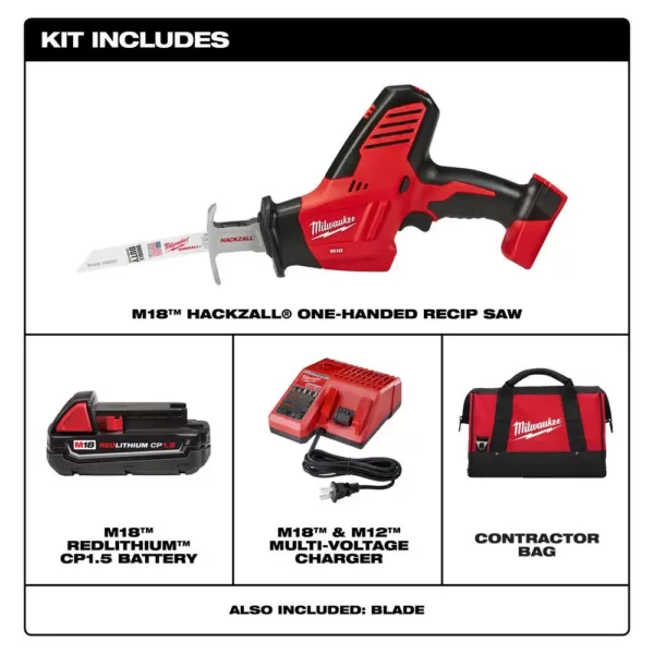 Milwaukee M18 18-Volt Lithium-Ion Cordless Hackzall Reciprocating Saw Kit with (1) 1.5Ah Battery, Charger and Tool Bag