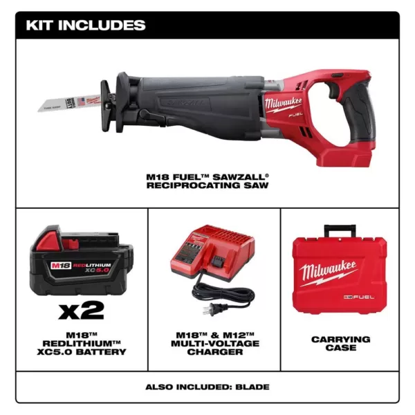 Milwaukee M18 FUEL 18-Volt Lithium-Ion Brushless Cordless SAWZALL Reciprocating Saw Kit W/(2) 5.0Ah Batteries, Charger & Hard Case