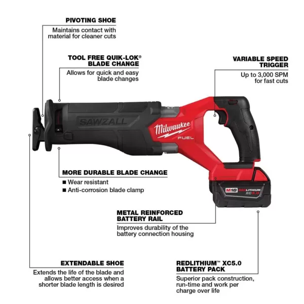 Milwaukee M18 FUEL 18-Volt Lithium-Ion Brushless Cordless SAWZALL Reciprocating Saw Kit W/one 5.0 Ah Batteries, Charger and Case