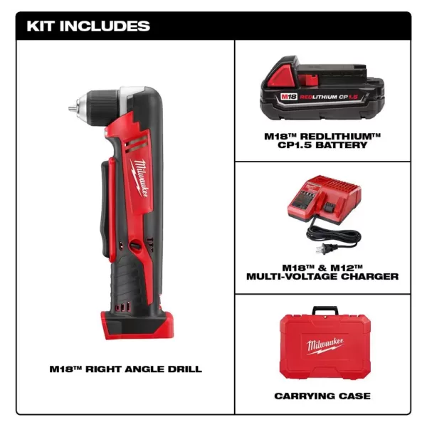 Milwaukee M18 18-Volt Lithium-Ion Cordless 3/8 in. Right Angle Drill Kit W/(1) 1.5Ah Batteries, Charger, Hard Case