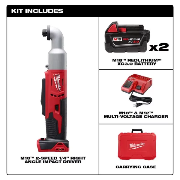 Milwaukee M18 18-Volt Lithium-Ion Cordless 1/4 in. Hex 2-Speed Right Angle Impact Driver W/(2) 3.0Ah Batteries, Charger, Hard Case