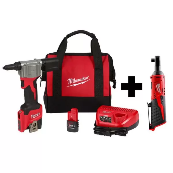 Milwaukee M12 12-Volt Lithium-Ion Cordless Rivet Tool Kit with M12 3/8 in. Ratchet