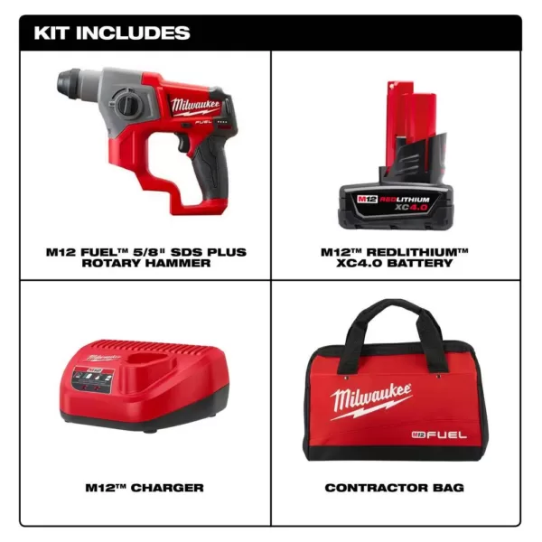 Milwaukee M12 FUEL 12-Volt Lithium-Ion Brushless Cordless 5/8 in. SDS-Plus Rotary Hammer Kit with One 4.0Ah Battery and Bag