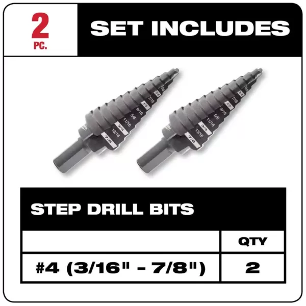 Milwaukee 3/16 in. - 7/8 in. x 1/16 in. #4 Step Drill Bit (2 Pack)