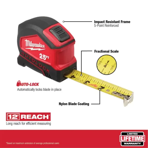 Milwaukee 25 ft. Compact Auto Lock Tape Measure (2-Pack)