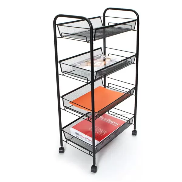 Mind Reader Roll 4-Shelf Rolling Black Metal Mesh Coffee Cart