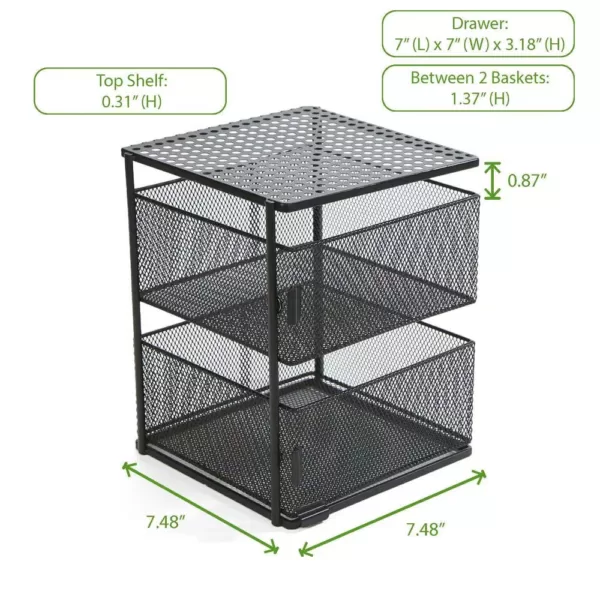 Mind Reader Rotating All Purpose 2 Tier Shelf, Baskets, Drawers with Magnets, Black