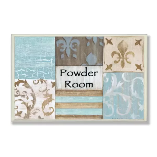 Stupell Industries 12.5 in. x 18.5 in. "Fleur de Lis Powder Room Blue, Brown and Beige Bathroom" by Bonnie Wrublesky Printed Wood Wall Art