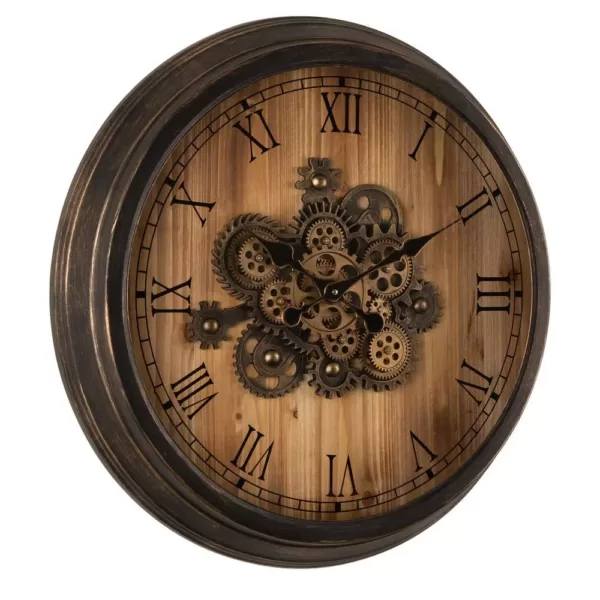 Glitzhome 27.76 in. D Vintage Industrial Oversized Wooden/Metal Wall Clock with Moving Gears