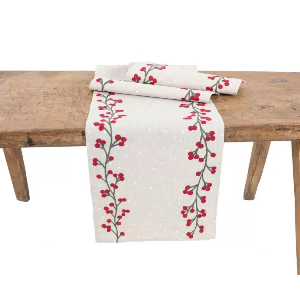 Manor Luxe 16 in. x 36 in. Holly Berry Branch Crewel Embroidered Christmas Table Runner, Natural