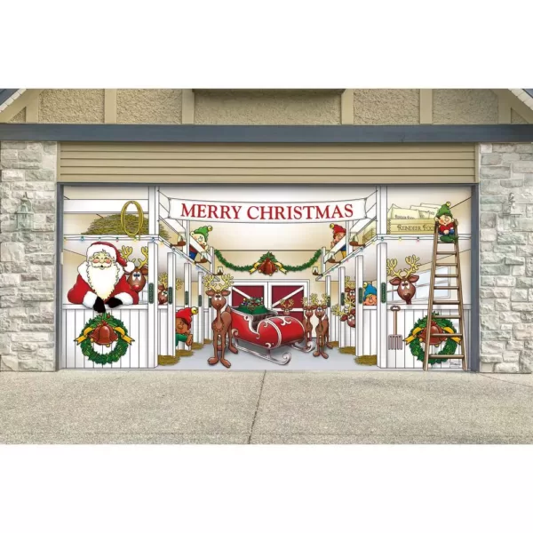 My Door Decor 7 ft. x 16 ft. Huge Santa's Reindeer Barn Christmas Garage Door Decor Mural for Double Car Garage