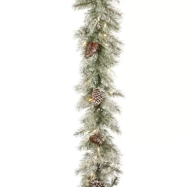 National Tree Company 9 ft. x 10 in. Feel Real Frosted Mountain Spruce Garland with Cones and 50 Clear Lights