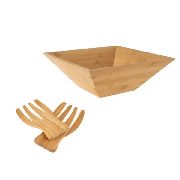 Classic Cuisine 11 in. Square Bamboo Salad Bowl with Utensils