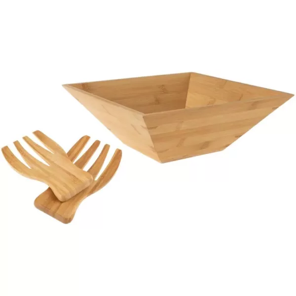 Classic Cuisine 11 in. Square Bamboo Salad Bowl with Utensils