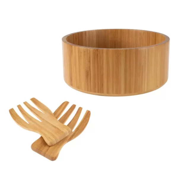 Classic Cuisine 10.25 in. Round Bamboo Salad Bowl with Utensils