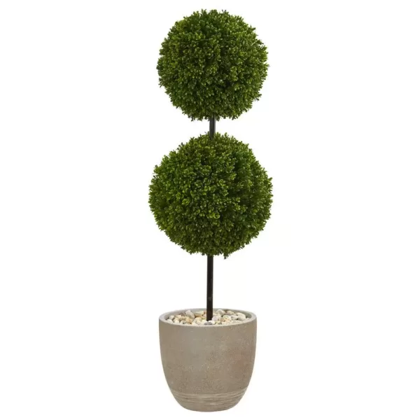 Nearly Natural 4 ft. High Indoor/Outdoor Boxwood Double Ball Topiary Artificial Tree in Oval Planter