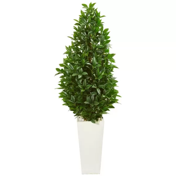 Nearly Natural Indoor/Outdoor 63-In. Bay Leaf Cone Topiary Artificial Tree in White Planter