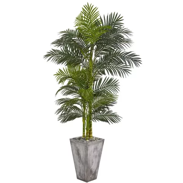 Nearly Natural 7 ft. Golden Cane Artificial Palm Tree in Cement Planter