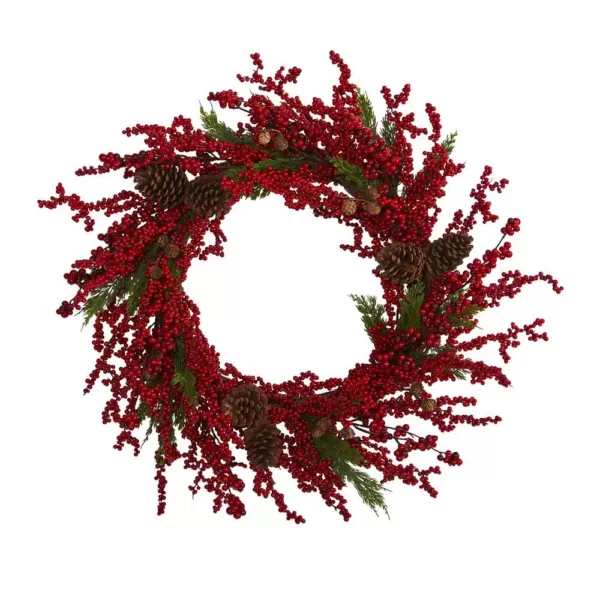 Nearly Natural 34 in. Cypress Artificial Wreath with Berries and Pine Cones