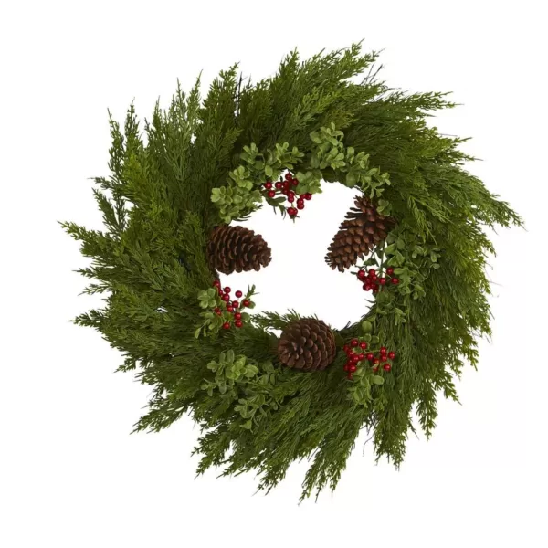 Nearly Natural 26 in. Cypress with Berries and Pine Cones Artificial Wreath