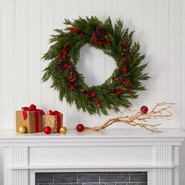 Nearly Natural 32 in. Cypress with Berries and Pine Cones Artificial Wreath