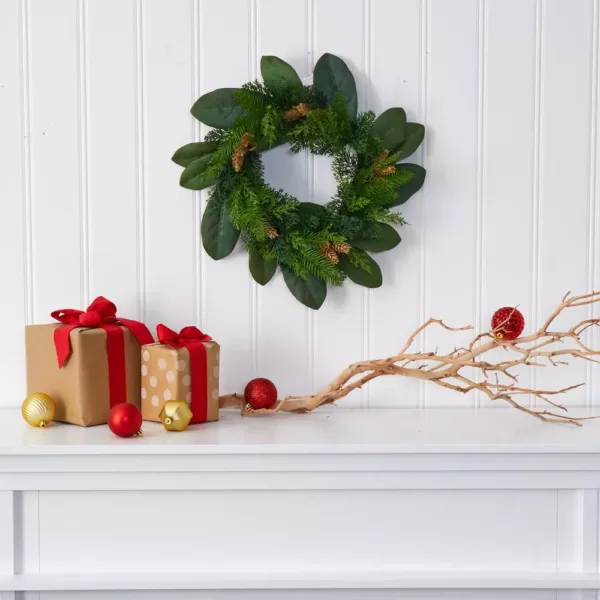 Nearly Natural 16 in. Magnolia Leaf and Mixed Pine Artificial Wreath with Pine Cones