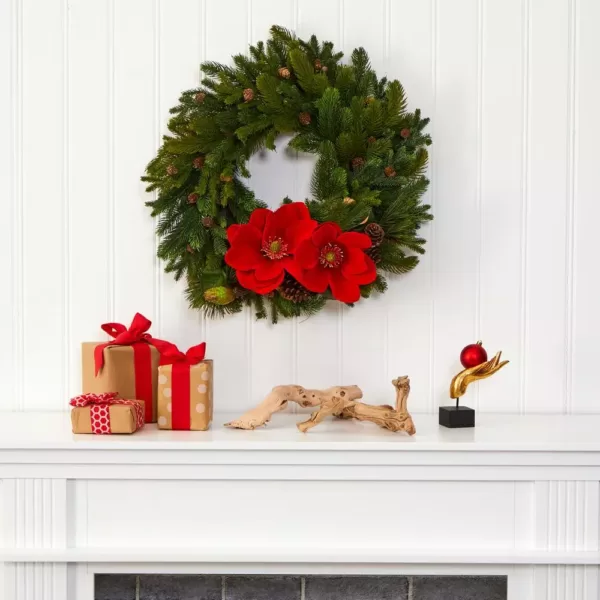 Nearly Natural 30 in. Magnolia Pine and Pinecone Artificial Wreath