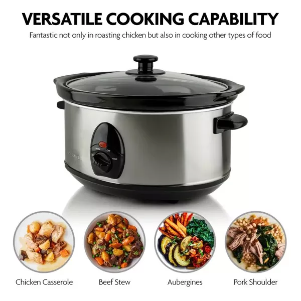 Ovente 3.7 Qt. Stainless Steel Electric Slow Cooker with Heat-Tempered Glass Lid, Adjustable Temperature Control, (SLO35ABR)