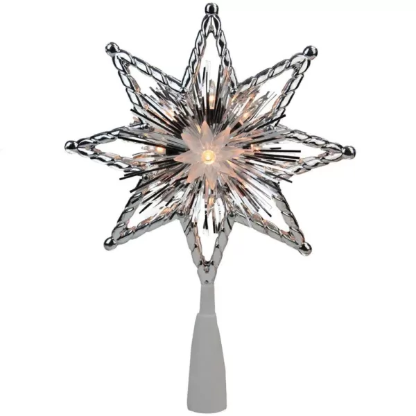 Northlight 8 in. Retro Silver Tinsel 8-Point Star Christmas Tree Topper - Clear Lights