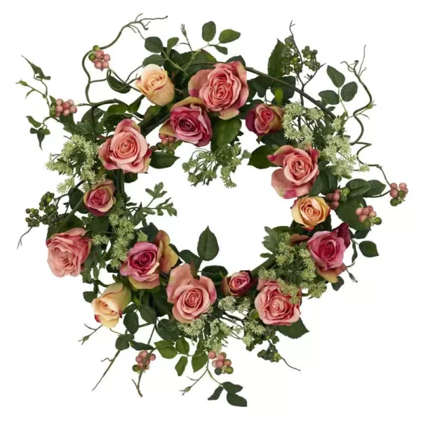 Nearly Natural 20.0 in. H Peach Rose Wreath