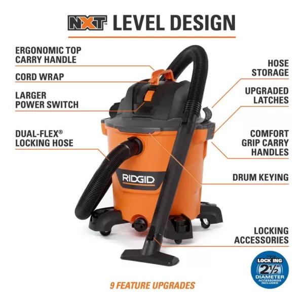 RIDGID 12 Gal. 5.0-Peak HP NXT Wet/Dry Shop Vacuum with Filter, Hose, Accessories, OSHA and HEPA Filtration Kit