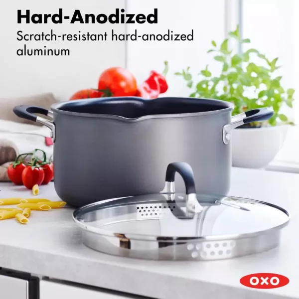 OXO Good Grips 6 qt. Hard-Anodized Aluminum Nonstick Stock Pot in Gray with Glass Lid