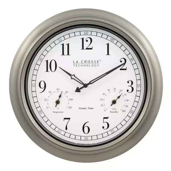 La Crosse Technology 18-Inch Indoor/Outdoor Classic Plastic Pewter Atomic Analog Clock with Thermometer & Hygrometer