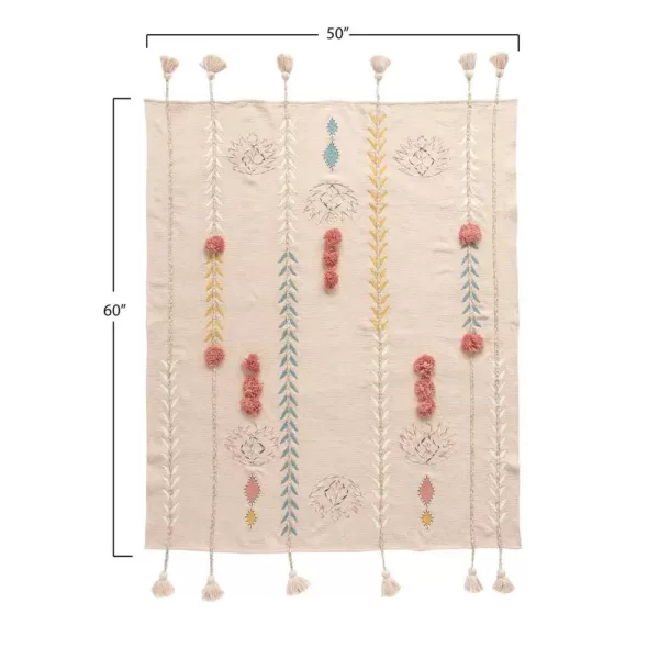 3R Studios Pink Cotton Throw with Decorative Applique, Pom Poms and Tassels