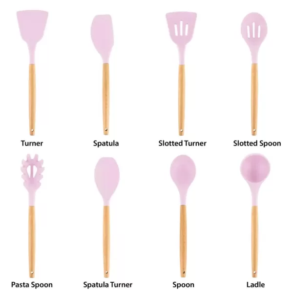 MegaChef Pink Silicone and Wood Cooking Utensils (Set of 9)