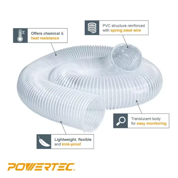 POWERTEC 4 in. x 50 ft. Flexible PVC Dust Collection Hose with 2 Key Hose Clamps, Clear Color