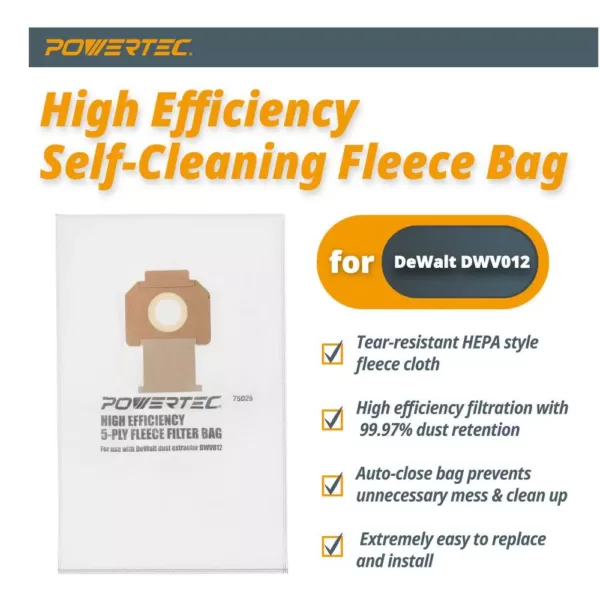 POWERTEC Fleece Bag for DeWalt DWV012 Dust Extractors (5-Pack)