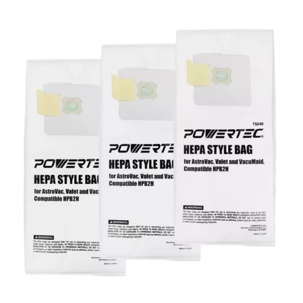 POWERTEC HEPA Filtered Vacuum Bag Replacement HPB2H Style Bags Fits AstroVac Valet and VacuMaid Model (3-Pack)