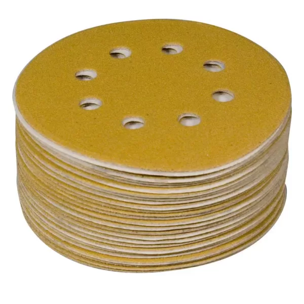 POWERTEC 5 in. A/O Hook and Loop 8-Hole Sanding Disc Assortment Grits in Gold (100-Pack)