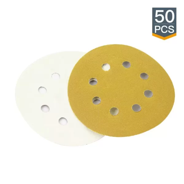 POWERTEC 5 in. 8-Hole 120-Grit Hook and Loop Sanding Discs in Gold (50-Pack)