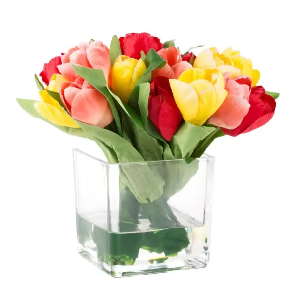 Pure Garden 8 in. Tulip Artificial Floral Multicolor Arrangement