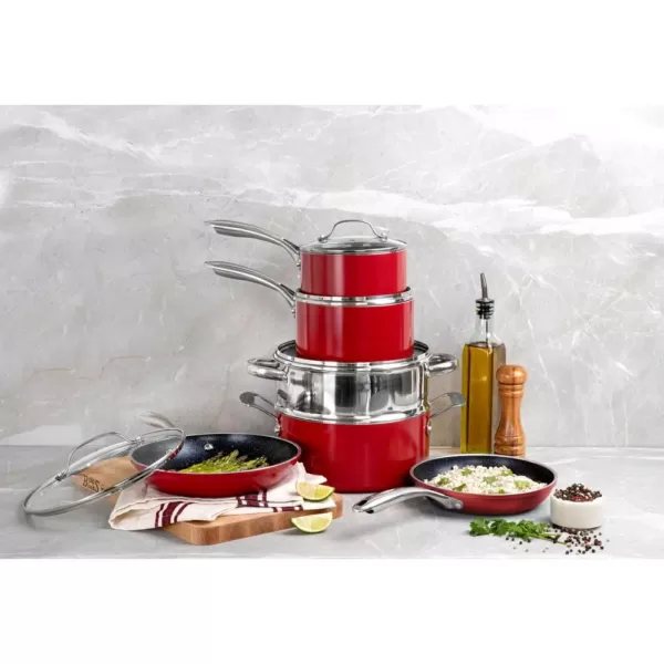 GRANITESTONE 10-Piece Aluminum Red Ultra-Durable Non-Stick Diamond Infused Cookware Set with Glass Lids