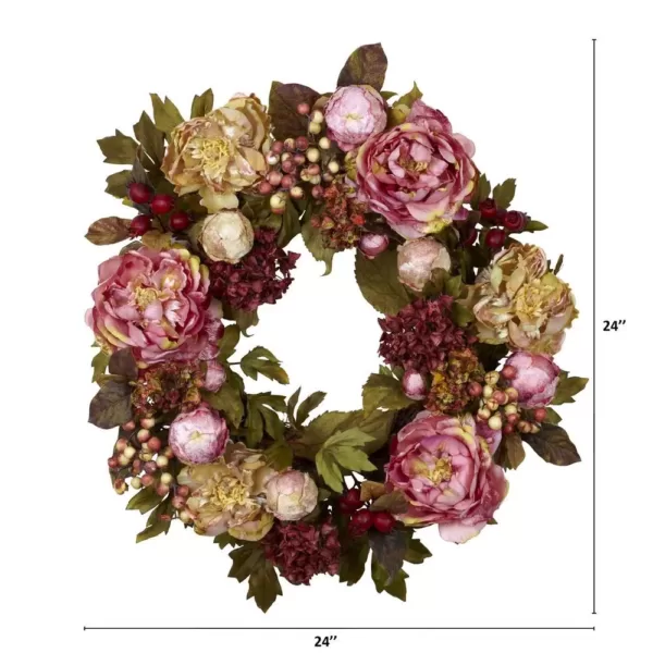 Nearly Natural 24.0 in. H Red Peony Hydrangea Wreath