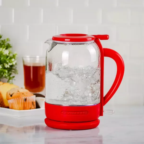 Ovente 6.3-Cup Red Glass Electric Kettle with ProntoFill Technology - Fill Up with the Lid On