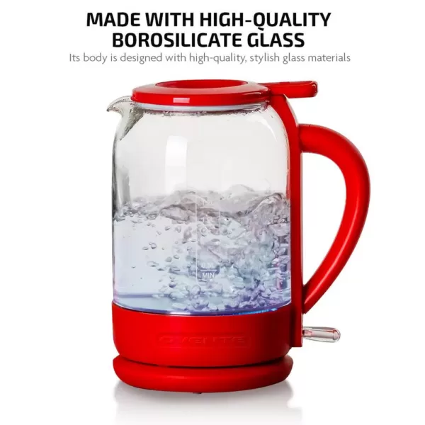 Ovente 6.3-Cup Red Glass Electric Kettle with ProntoFill Technology - Fill Up with the Lid On