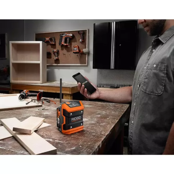 RIDGID 18-Volt Cordless Mini Bluetooth Radio with Radio App, 2.0 Ah Lithium-Ion Battery, and Charger